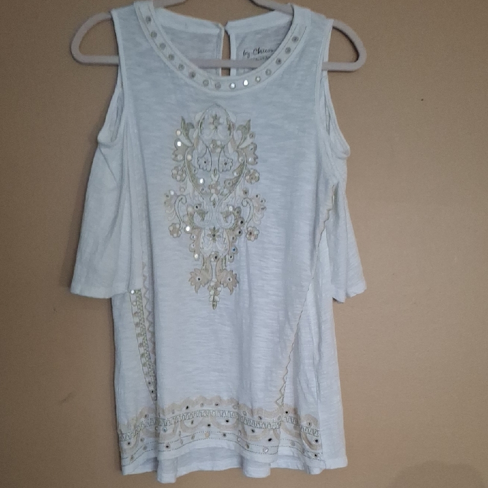 Chico's White Cold-Shoulder Tunic with Gold Embellishment